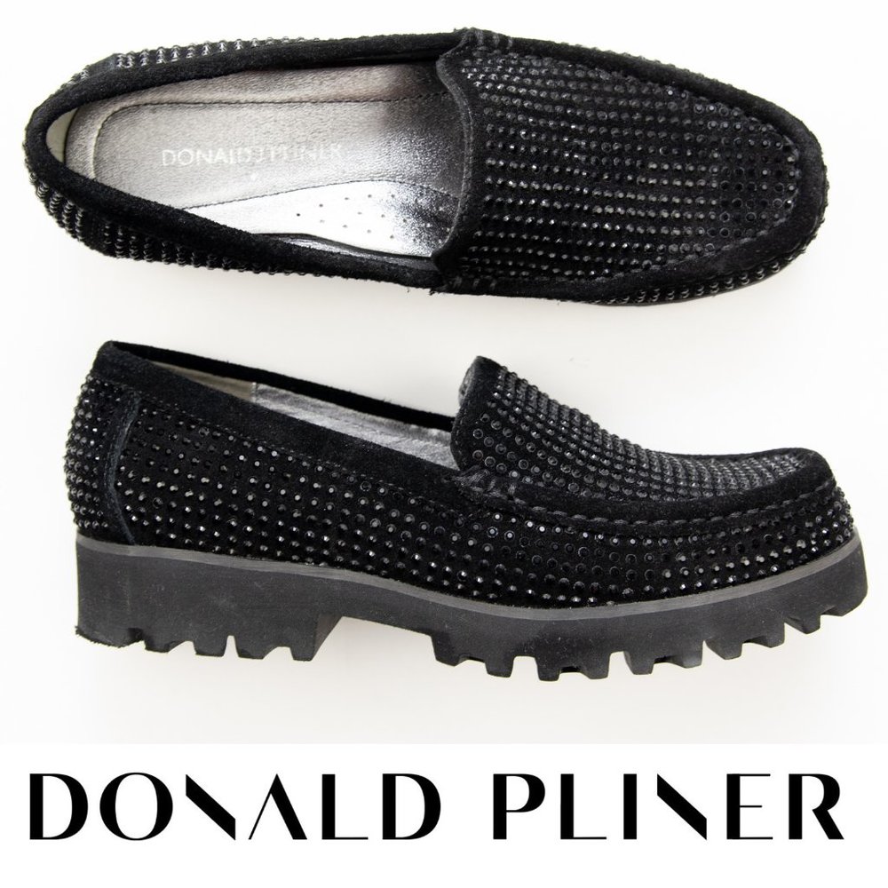 Donald J Pliner Rio Loafers Crystal Embellished Chunky Suede Shoes Black SIze 6